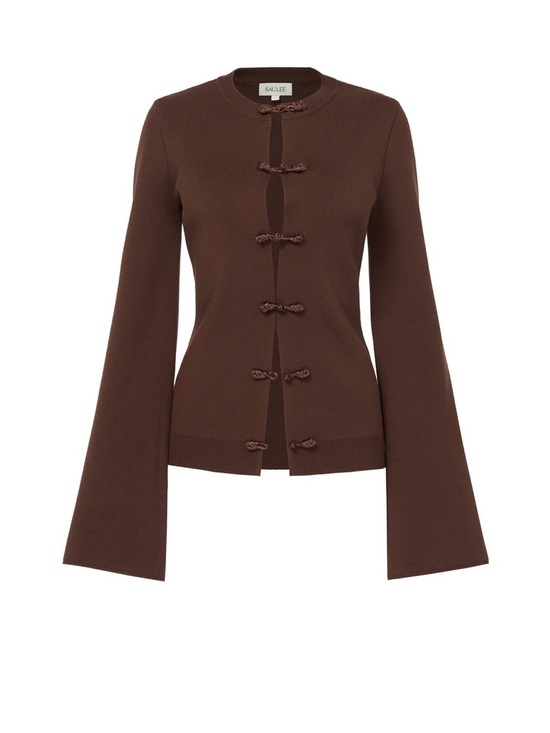 sau lee Sweaters - SAU LEE Clover Knit Cardigan with Flared Sleeves in Brown